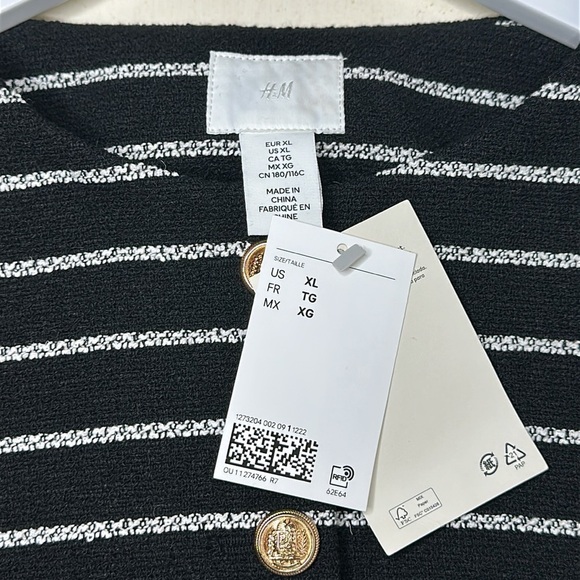 NWT H&M Black & White Striped Tweed Short Sleeve Button Front Top Blazer Size XL - Picture 10 of 15